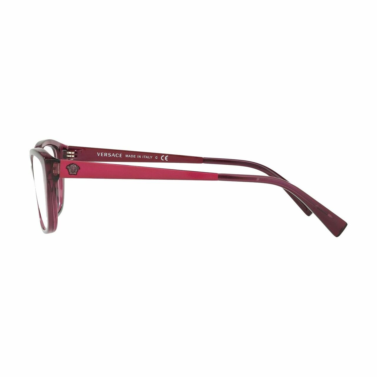 Versace VE3236-5220 Transparent Plum Cat-Eye Women's Plastic Eyeglasses displayed elegantly with a stylish design.